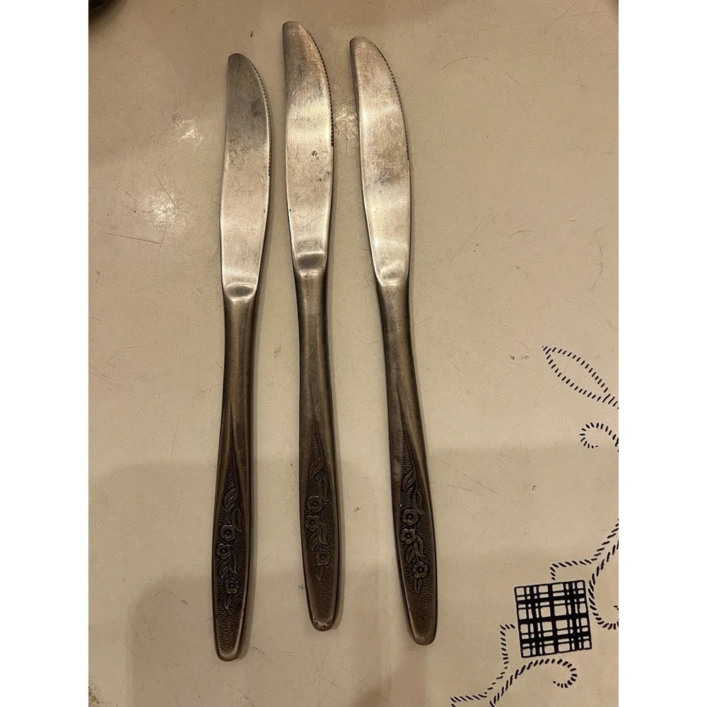 Superior Radiant Rose 3 Dinner Knives Stainless USA Floral Leaves Brushed Metal